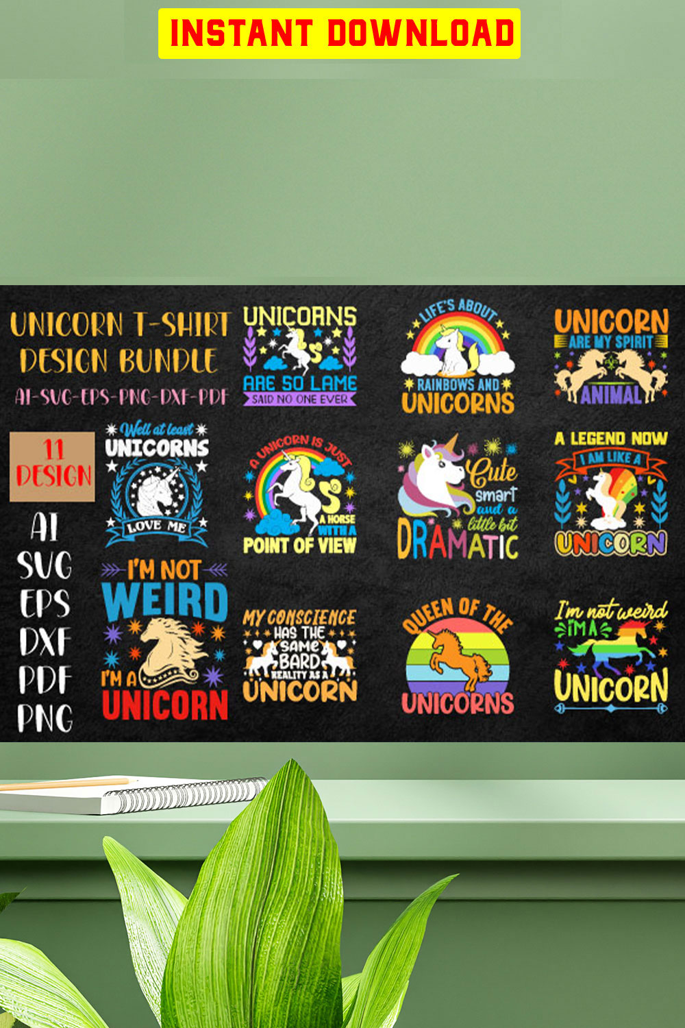 Unicorn T-shirt Design Bundle pinterest preview image.