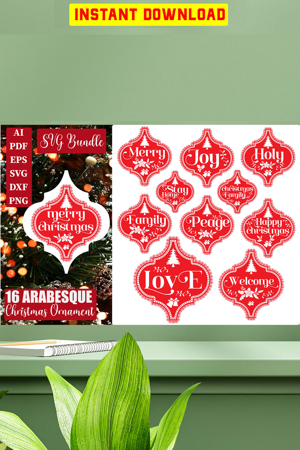 Arabesque Christmas Ornament SVG Bundle | 16 Christmas Sayings Ornament Bundle | Reindeer Names Arabesque SVG | Arabesque Tile SVG pinterest preview image.