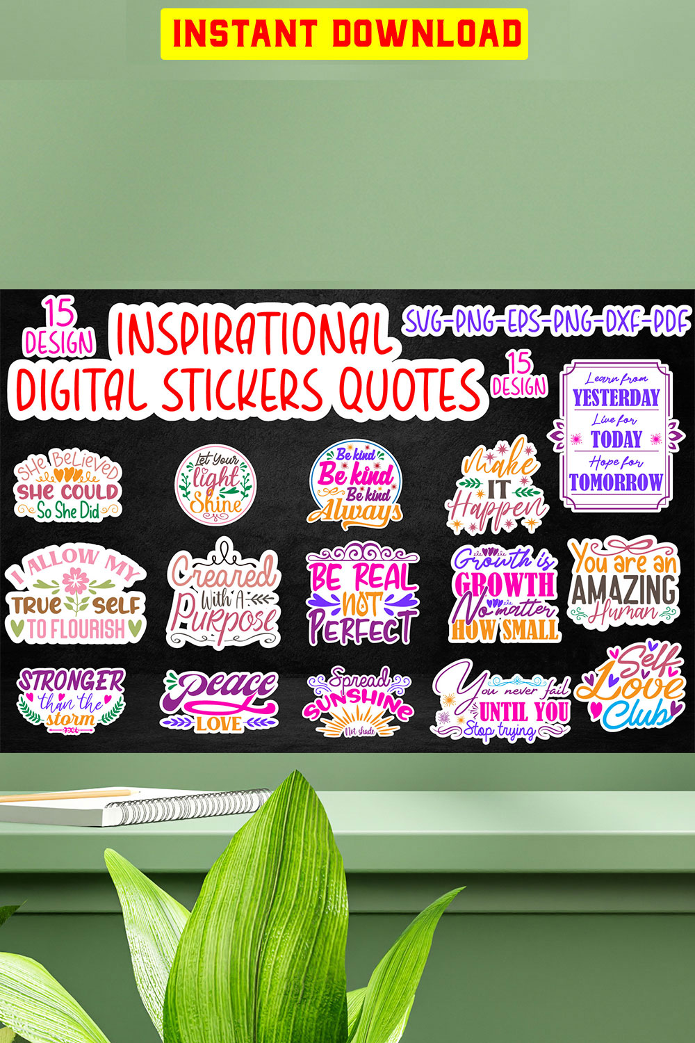 Inspirational Digital stickers Quotes Designs Bundle pinterest preview image.