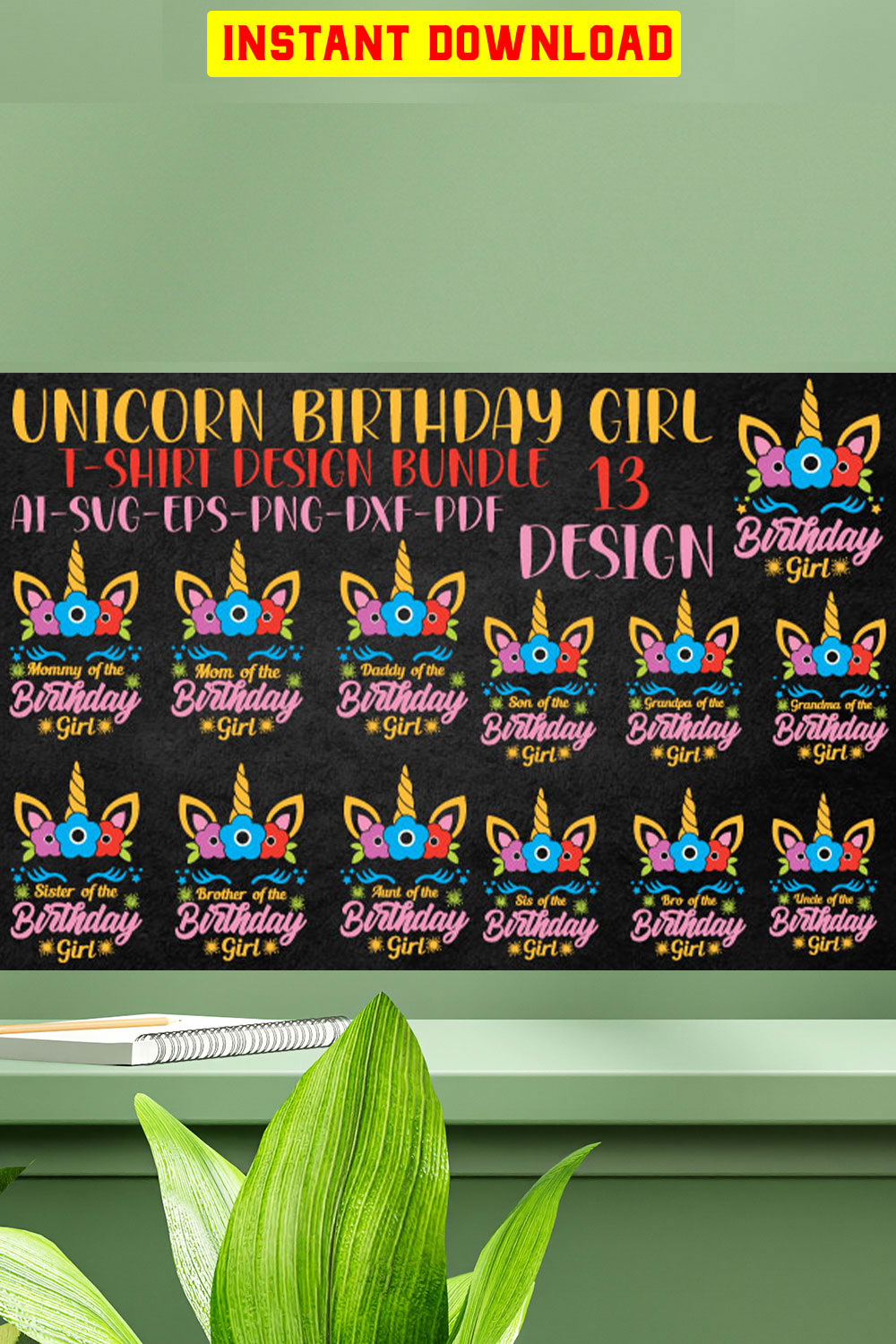 Unicorn Birthday Girl T-shirt Design Bundle pinterest preview image.