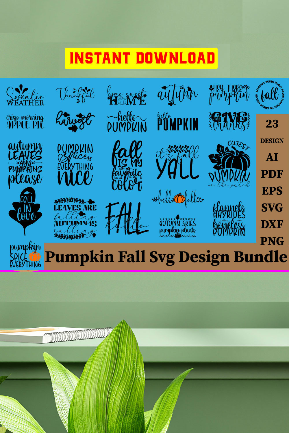 fall svg bundle, autumn svg, thanksgiving svg, pumpkin svg, happy fall svg, hello fall svg pinterest preview image.