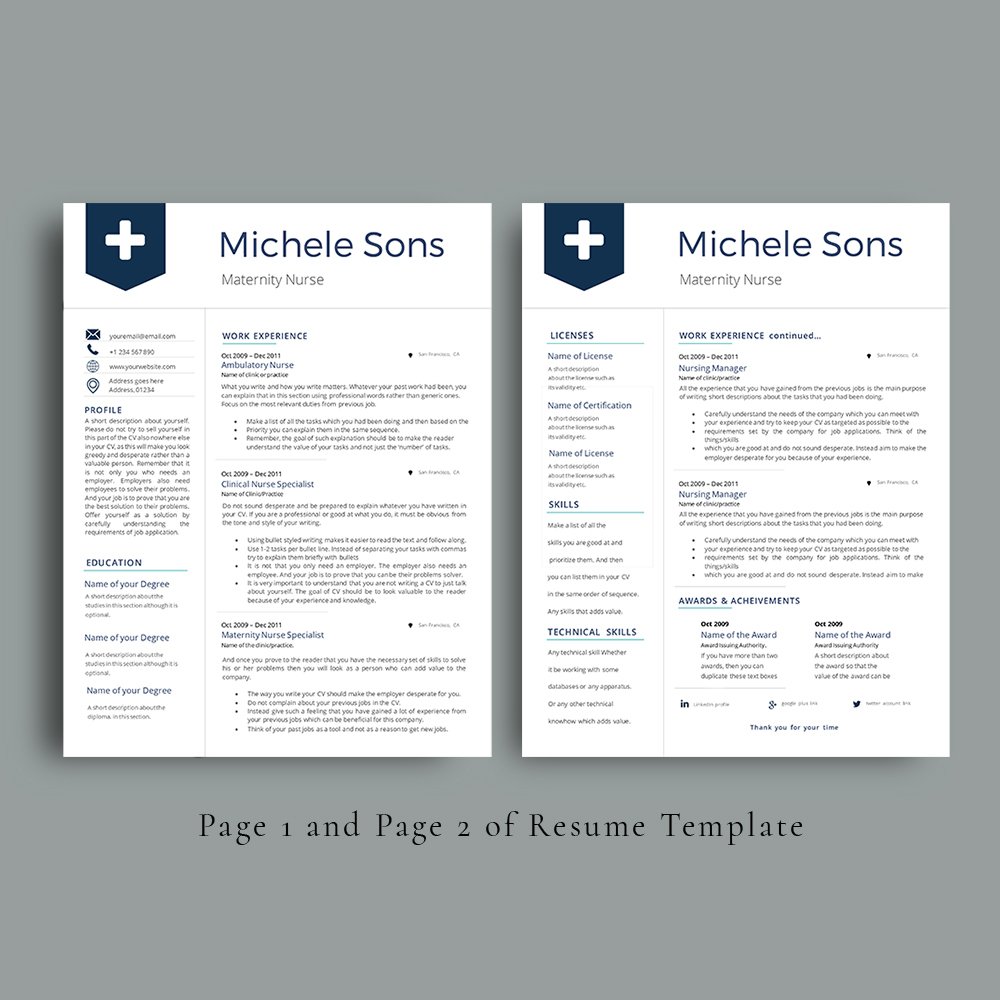 Two resume templates with a blue cross on them.