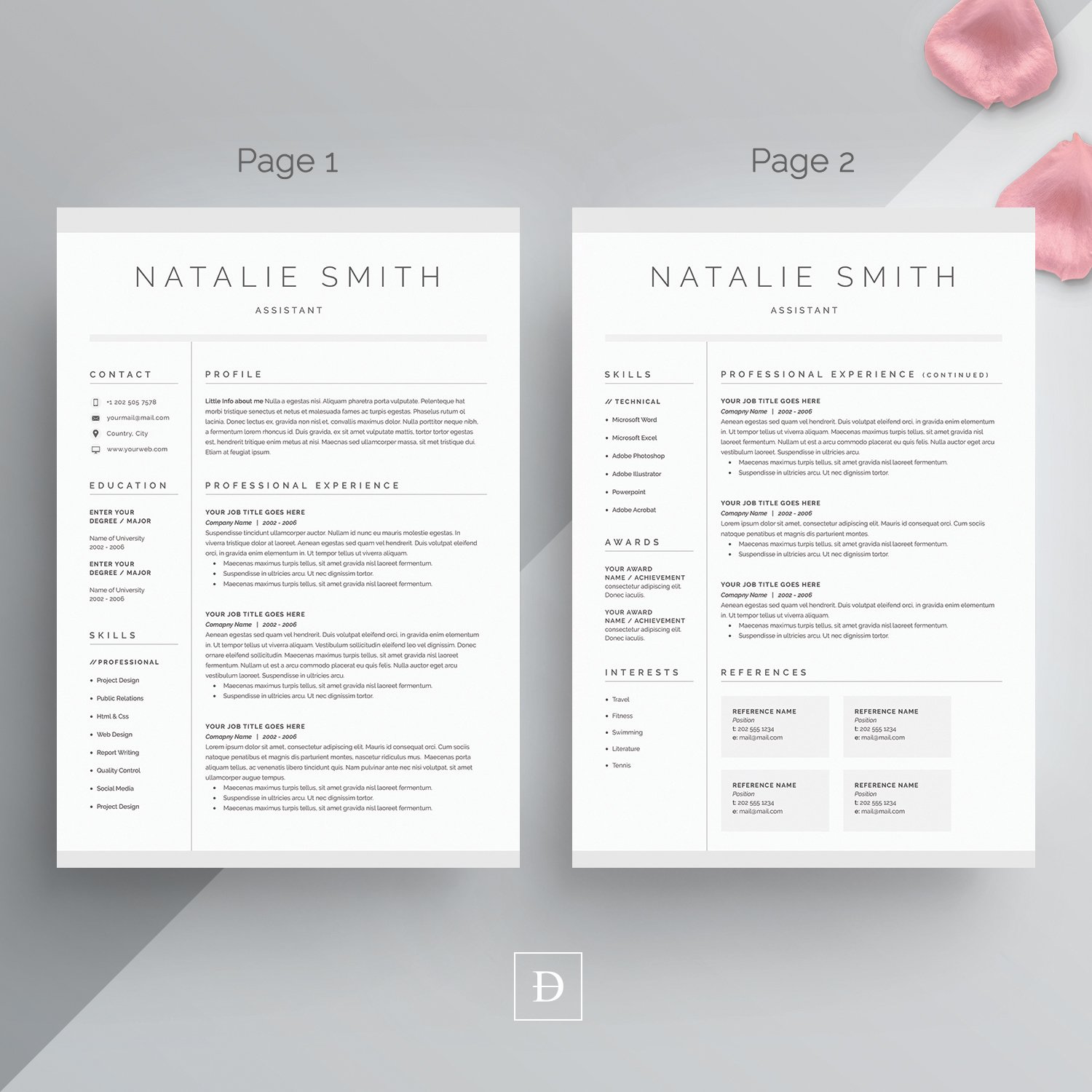 Two resume templates with a pink rose on top.