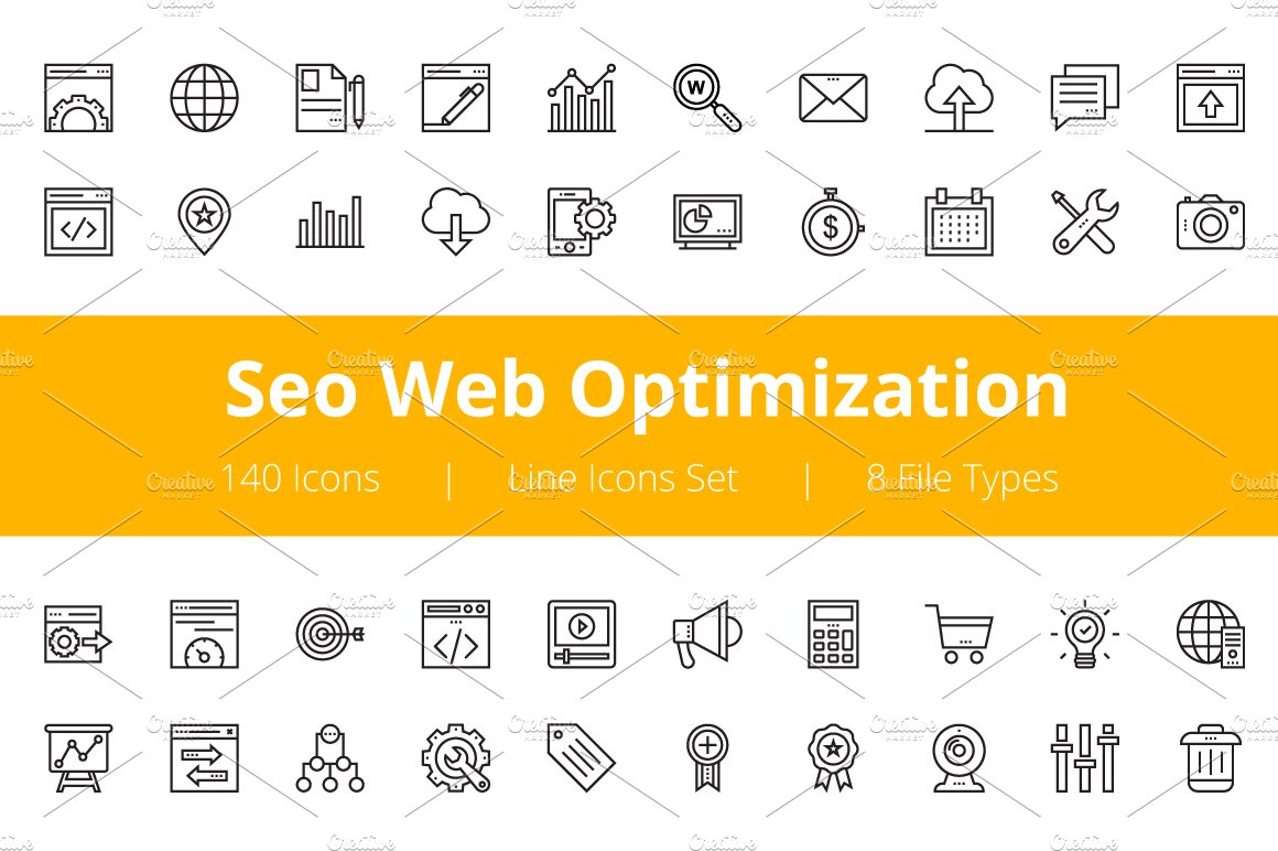 125+ Seo Web Optimization Line Icons cover image.
