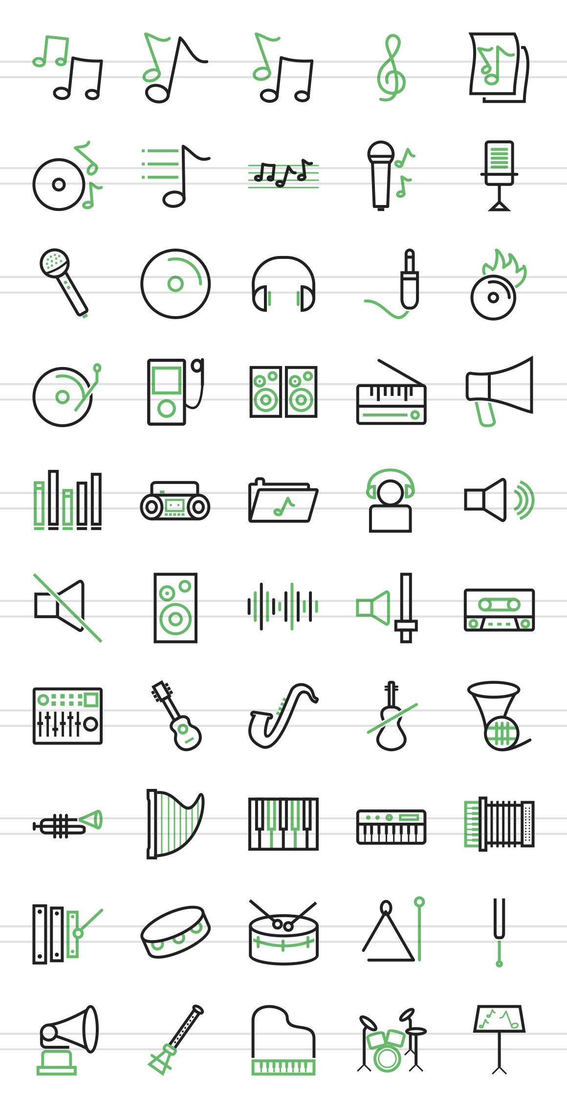 50 Music Line Green & Black Icons preview image.