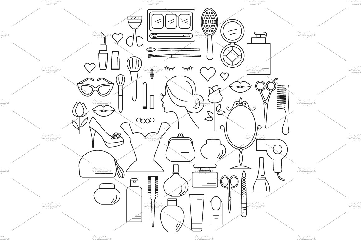 Beauty, Cosmetic Outline Icons Set preview image.