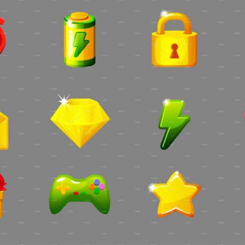 Set of game icons for UI. GUI cover image.
