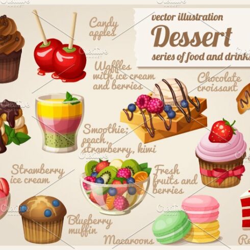 Set of food icons. Dessert. cover image.