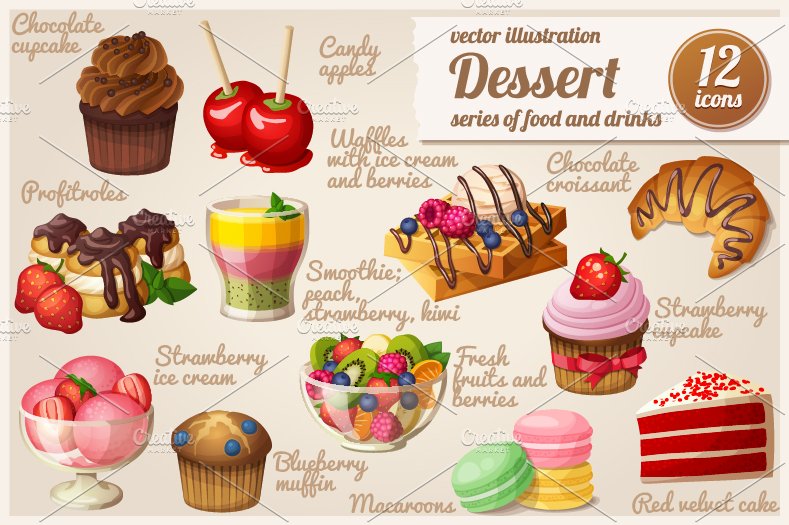 Set of food icons. Dessert. cover image.