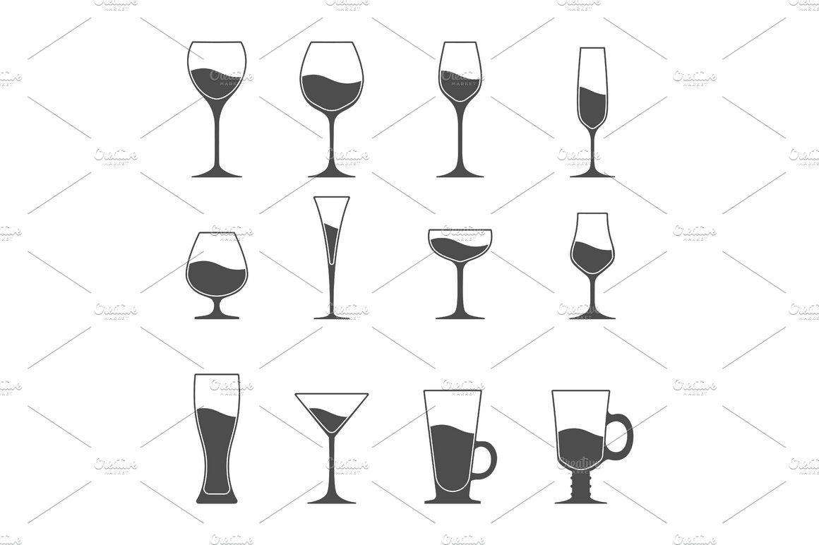 Icon set of alcohol glasses preview image.