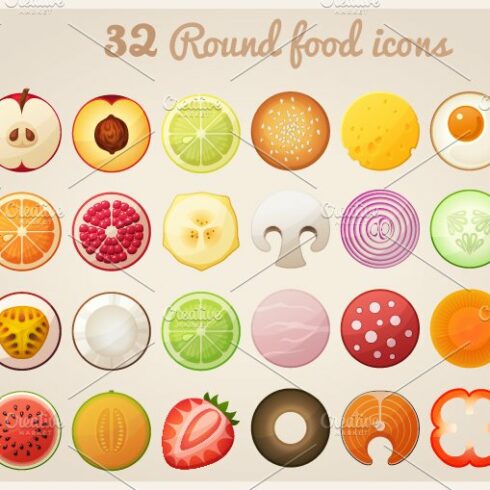 Fruit halves and round food icons cover image.