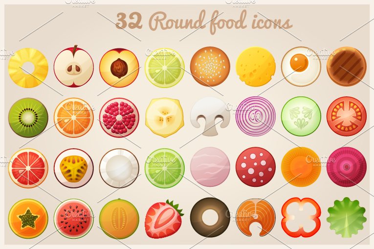 Fruit halves and round food icons cover image.