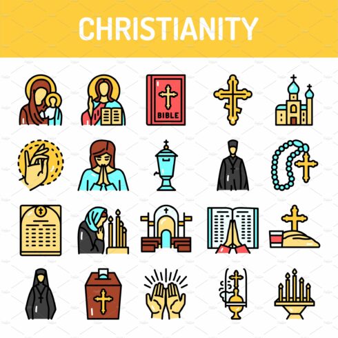 Christianity color line icons set cover image.