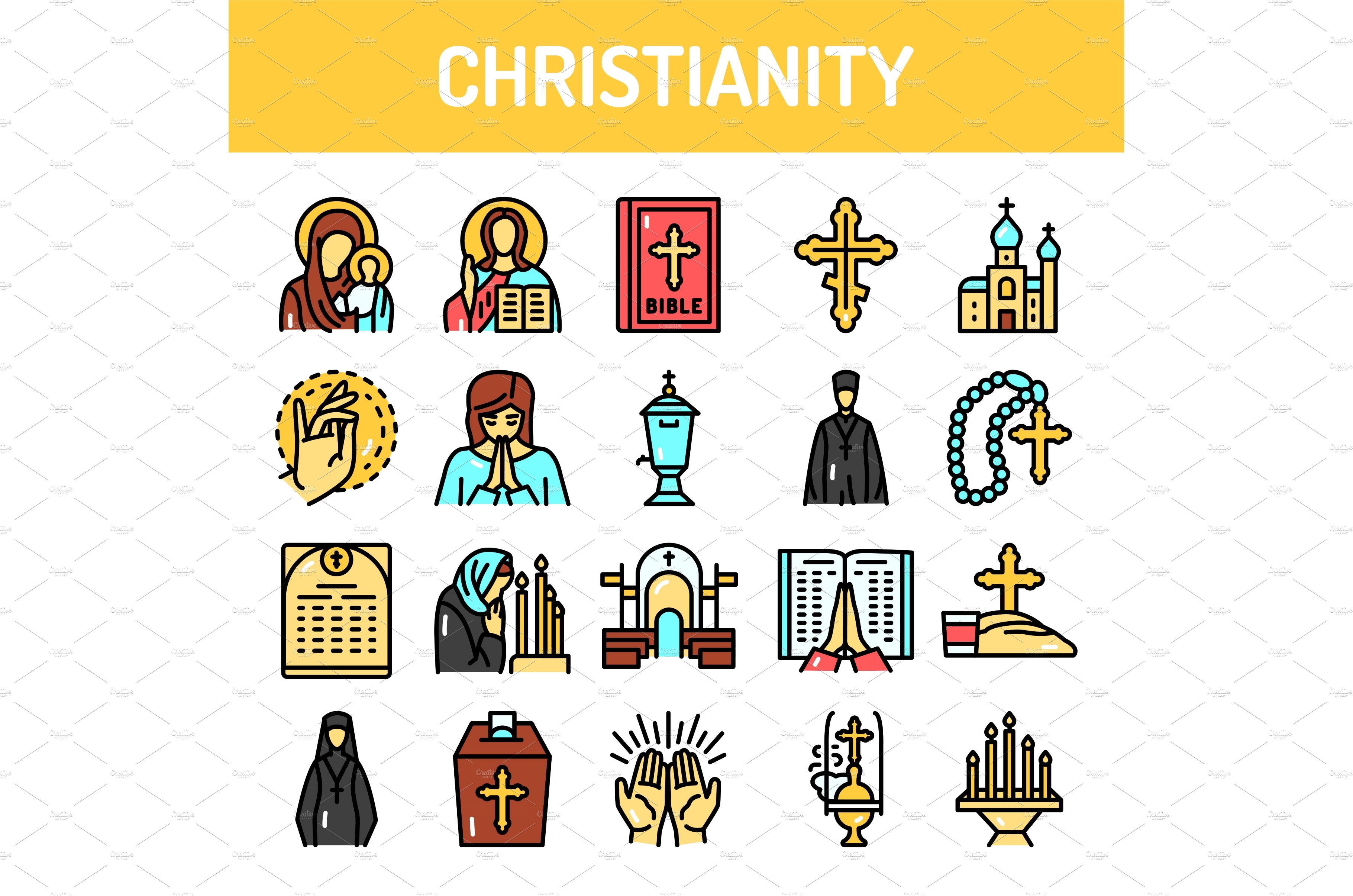 Christianity color line icons set cover image.