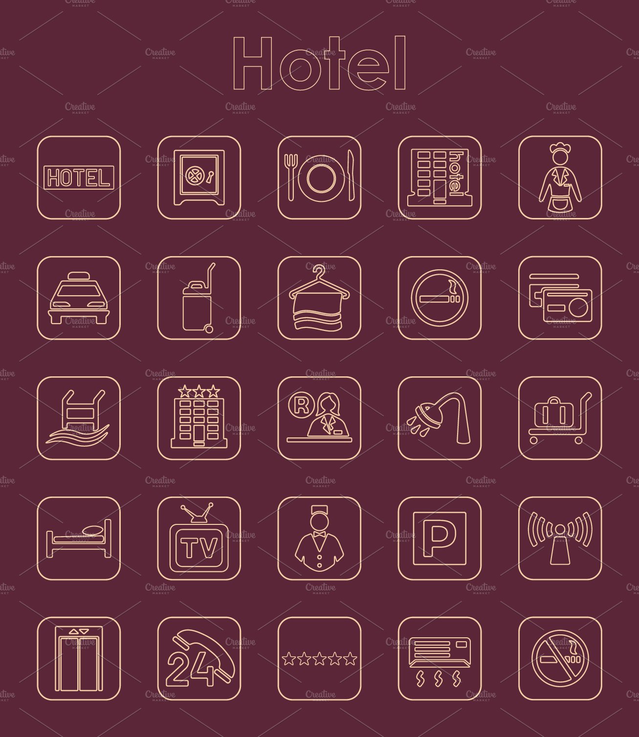 25 HOTEL simple icons preview image.