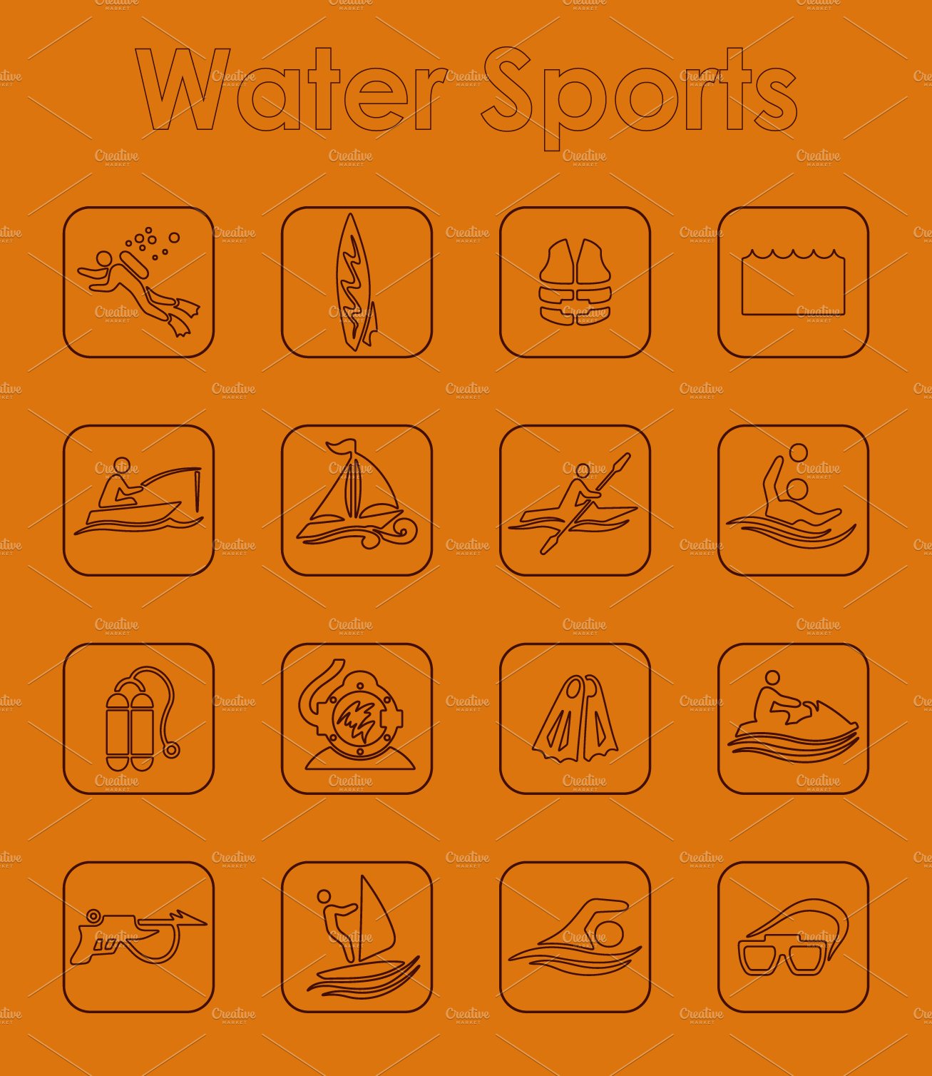16 water sports simple icons preview image.