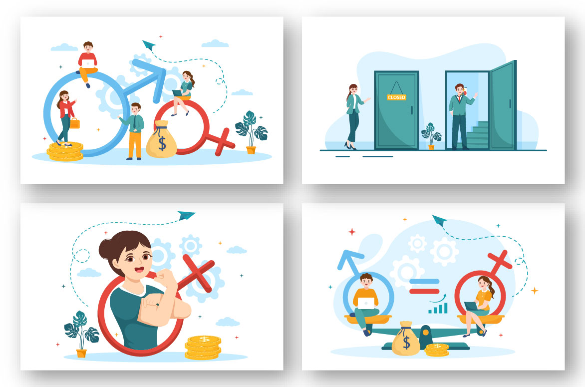 Series of four illustrations depicting people doing different tasks.