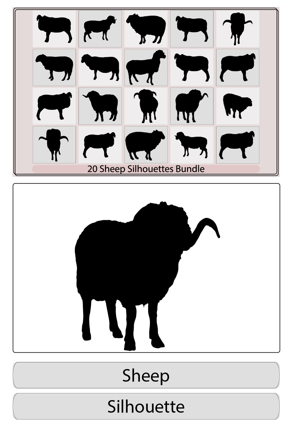 Sheep Silhouette,Sheep Icon,Sheep silhouette with standing pose,Lamb or Sheep icon, pinterest preview image.