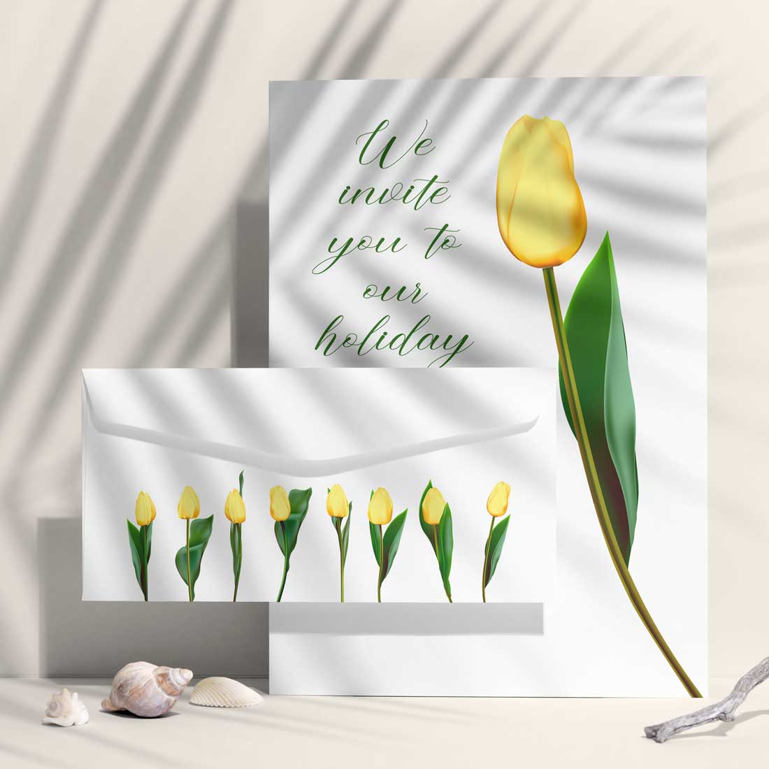 Greeting card with a yellow tulip on it.