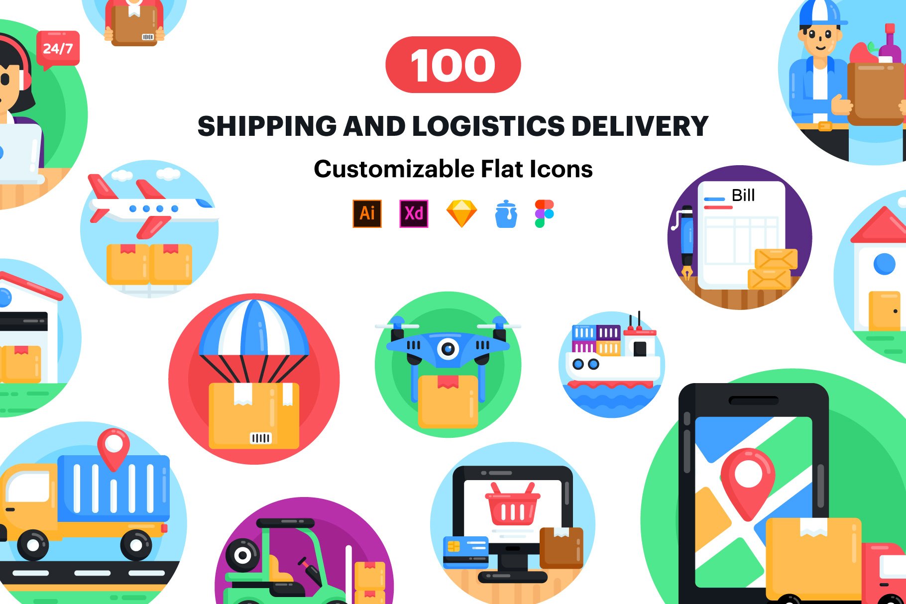 Logistics Icons - 100 flat Vector cover image.