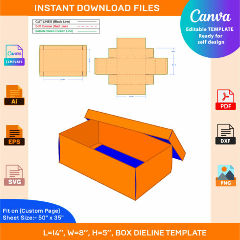 Shoe Box, Dieline Template, SVG, EPS, PDF, DXF, Ai, PNG, JPEG cover image.