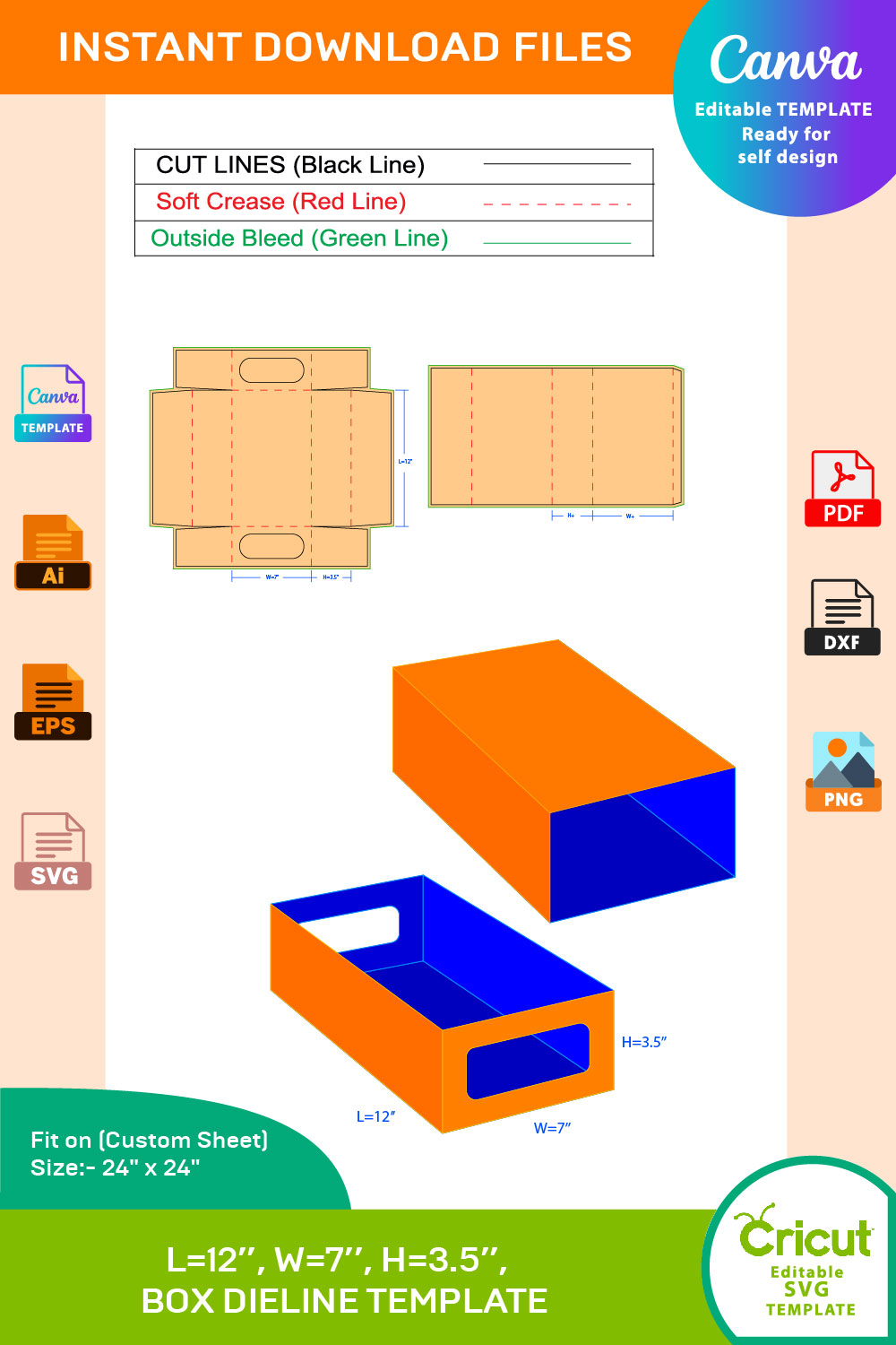 Shoe Box, Match Box Dieline Template Ai, EPS, PDF, SVG, JPG, DXF, PNG, JPG File pinterest preview image.