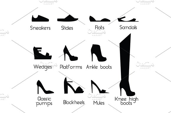 Women shoes models. Vector icons cover image.