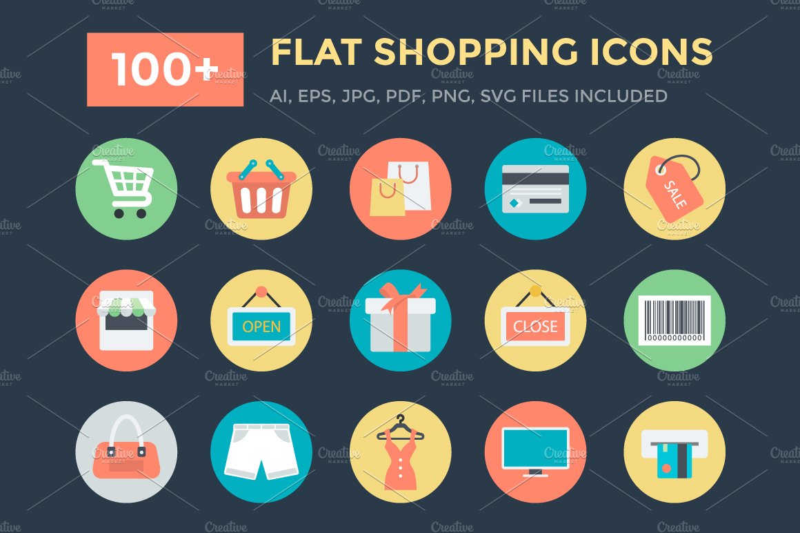 100+ Flat Shopping Icons cover image.