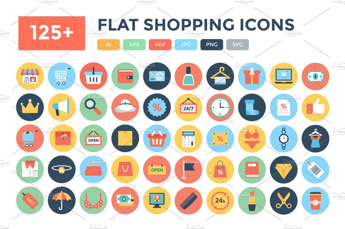 125+ Flat Shopping Icons cover image.