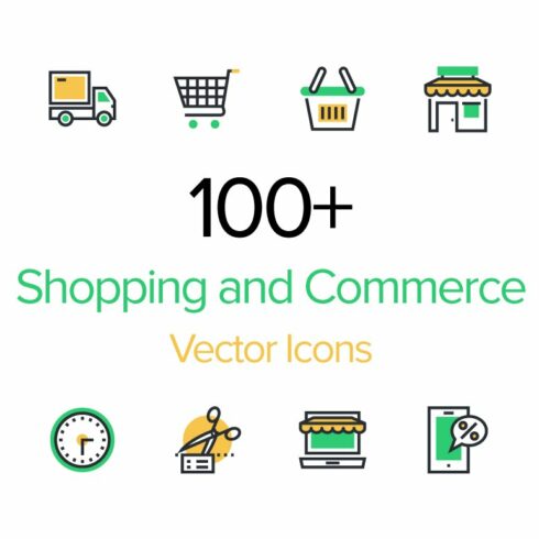 100+ Shopping and Commerce Icons cover image.