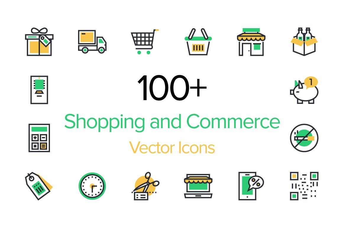 100+ Shopping and Commerce Icons cover image.