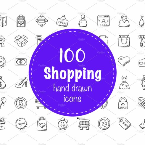 100 Shopping Doodle Icons cover image.