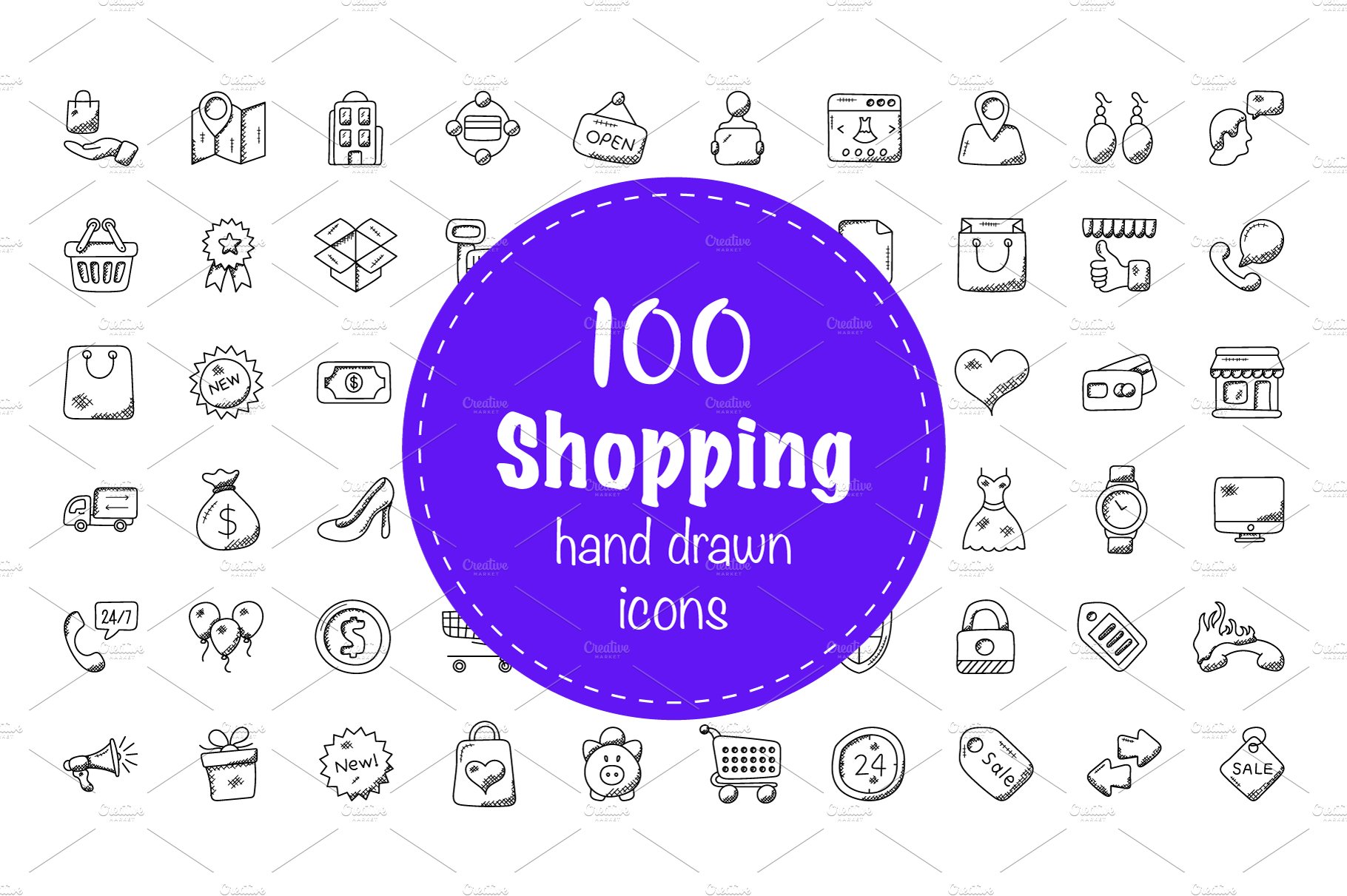 100 Shopping Doodle Icons cover image.