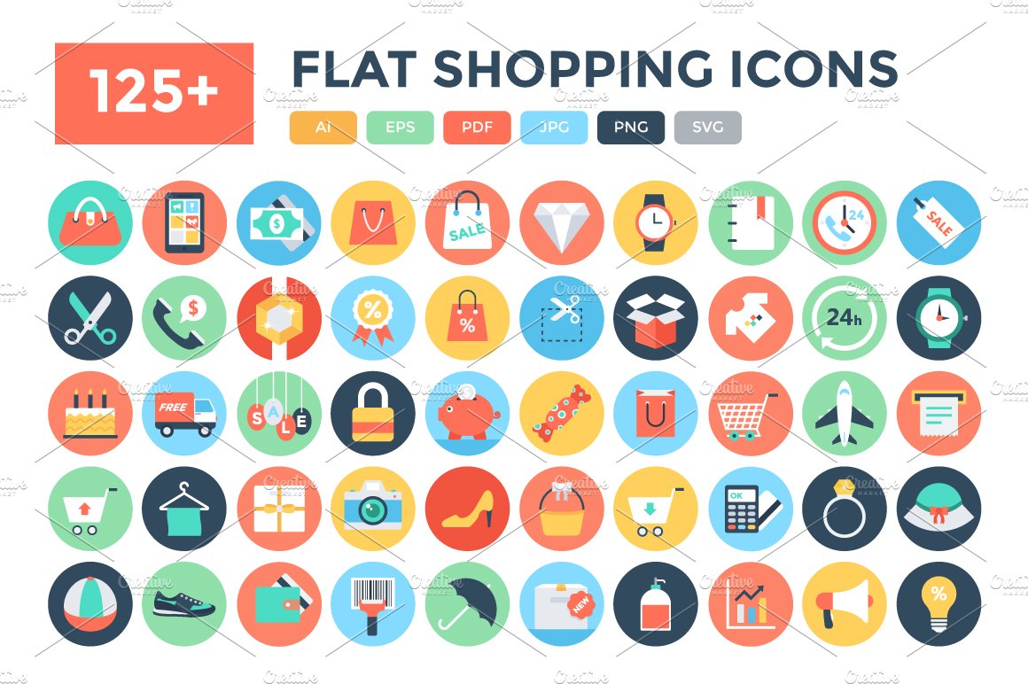 125+ Flat Shopping Icons cover image.