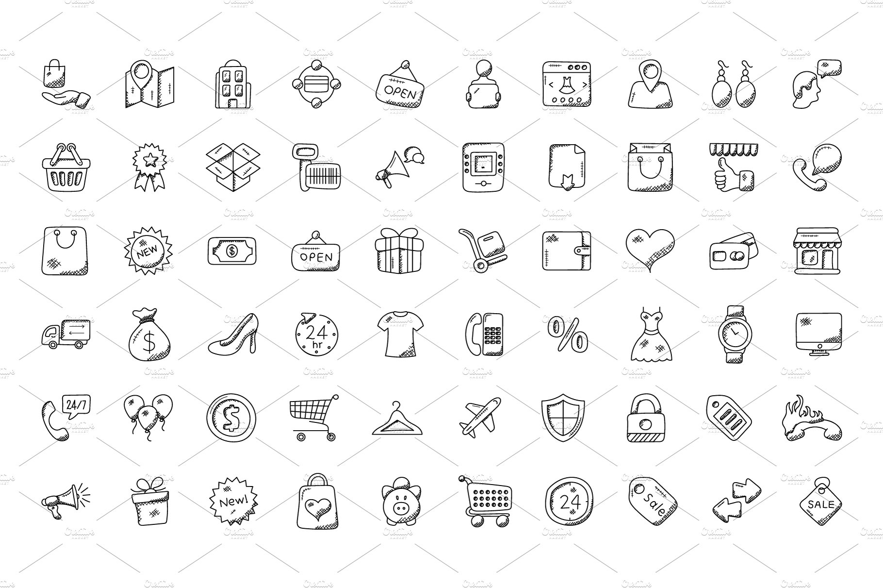 100 Shopping Doodle Icons preview image.