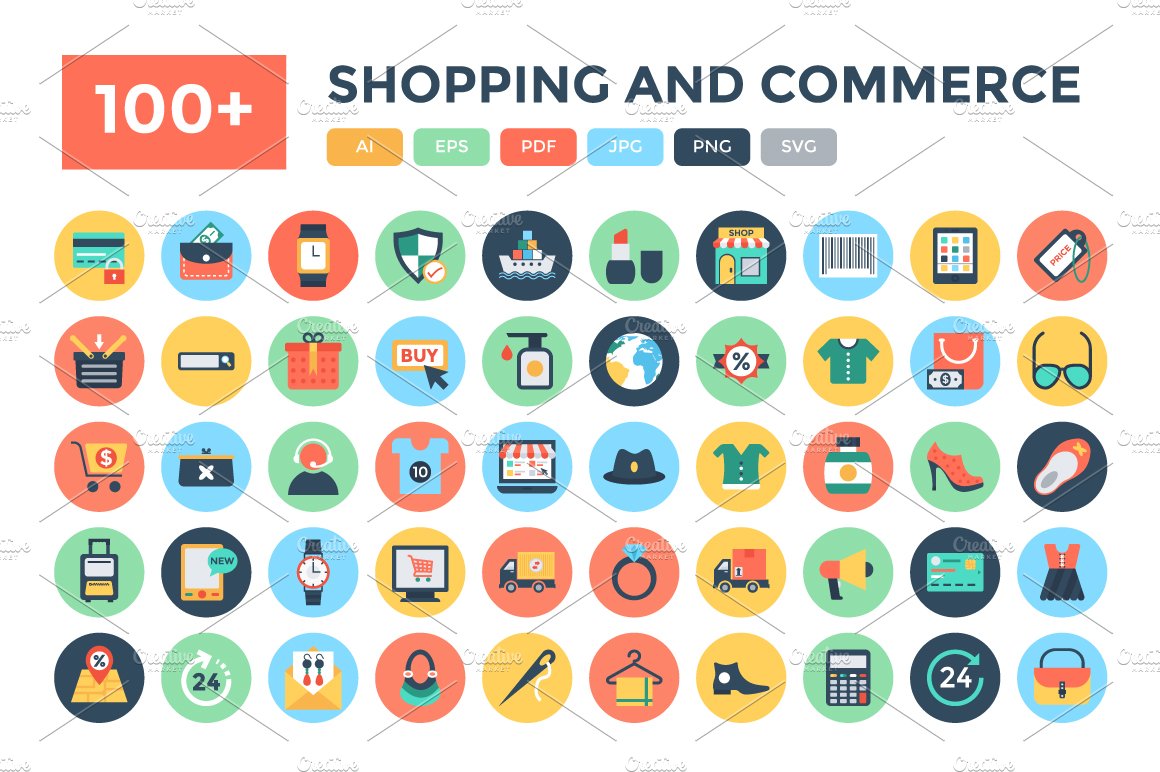 100+ Flat Shopping and Commerce Icon cover image.