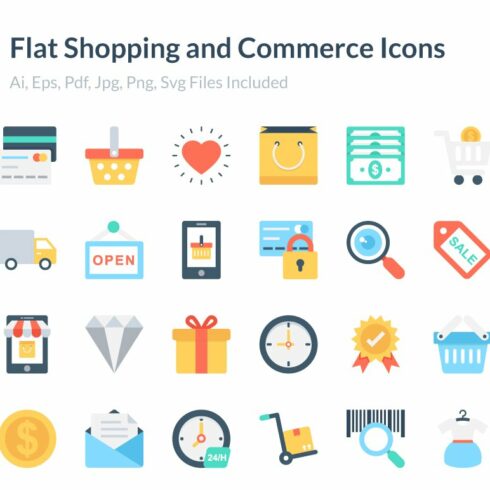 Flat Shopping and Commerce Icons cover image.