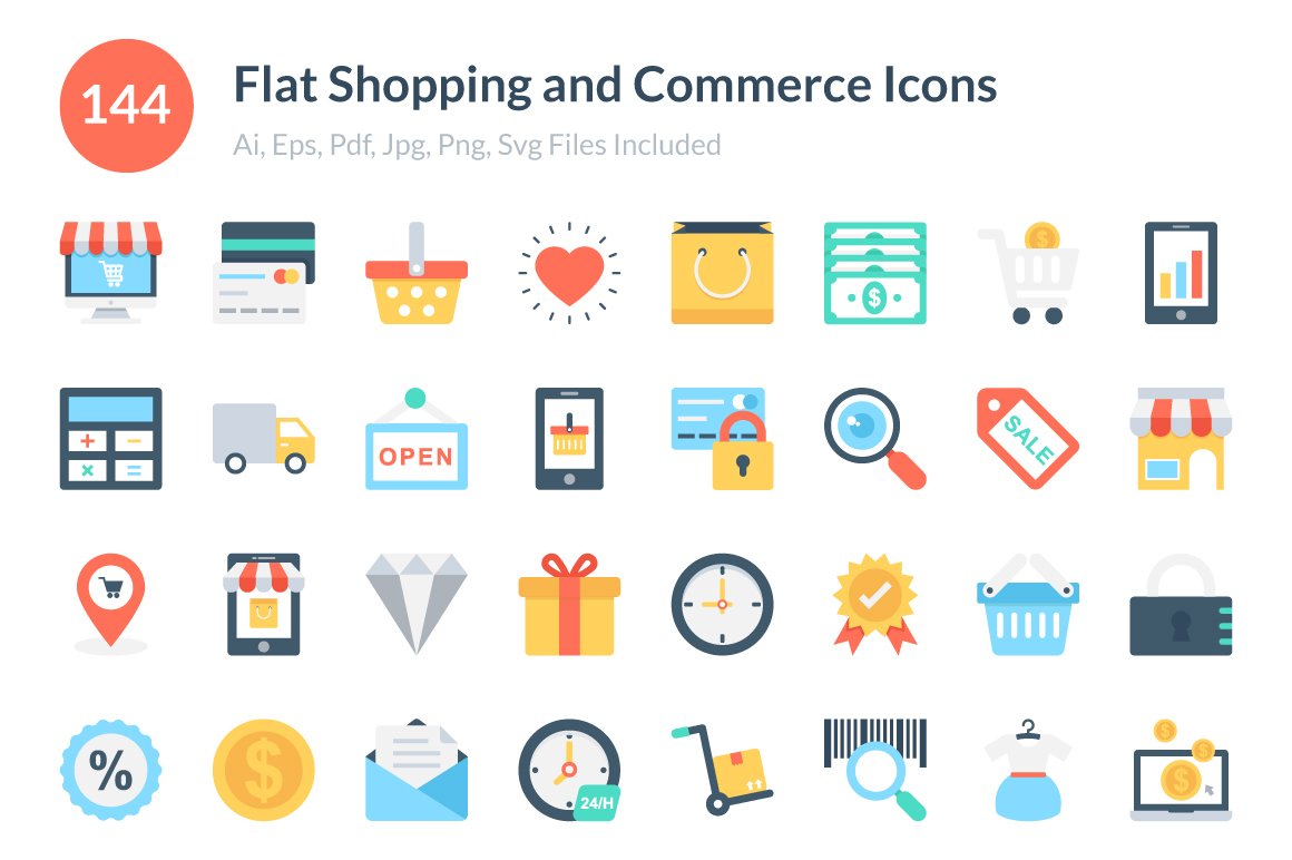 Flat Shopping and Commerce Icons cover image.