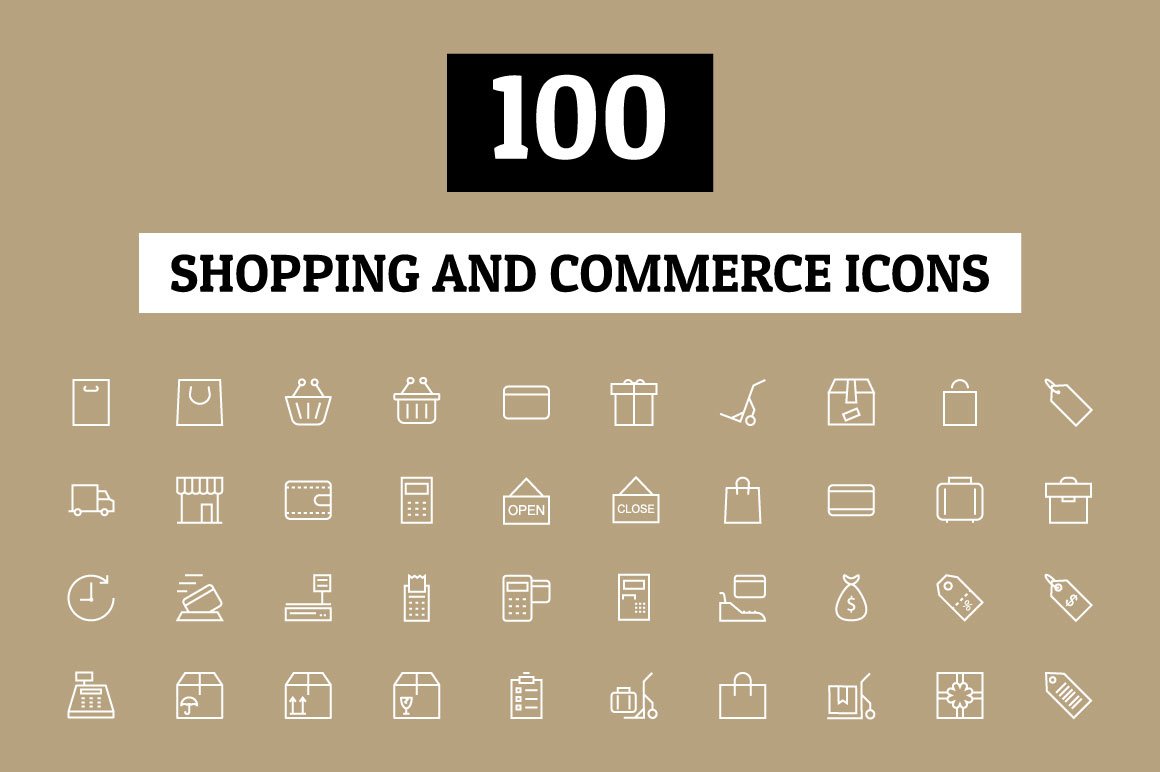 100 Shopping and Commerce Icons cover image.