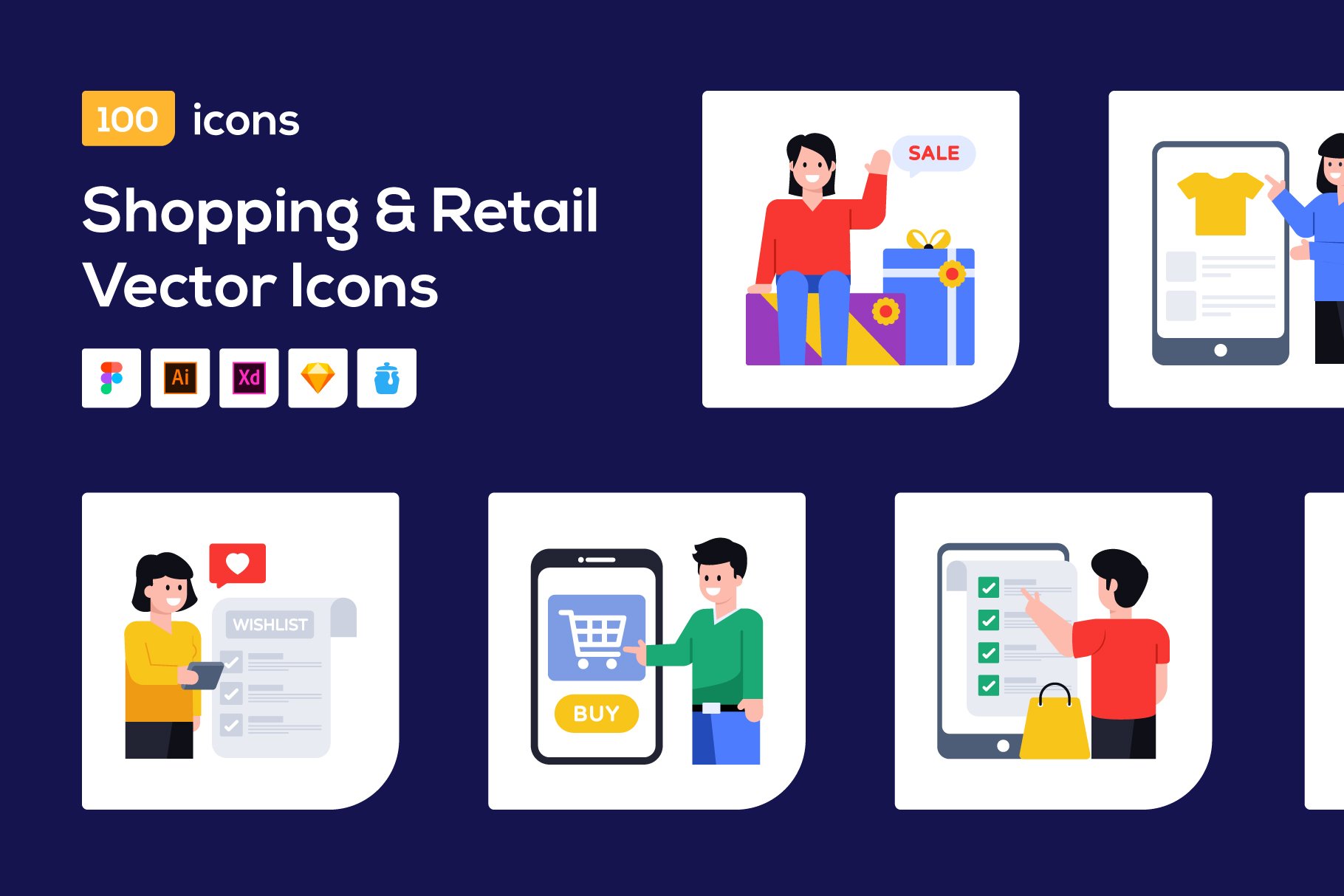 100 Shopping Character Vector Icons cover image.
