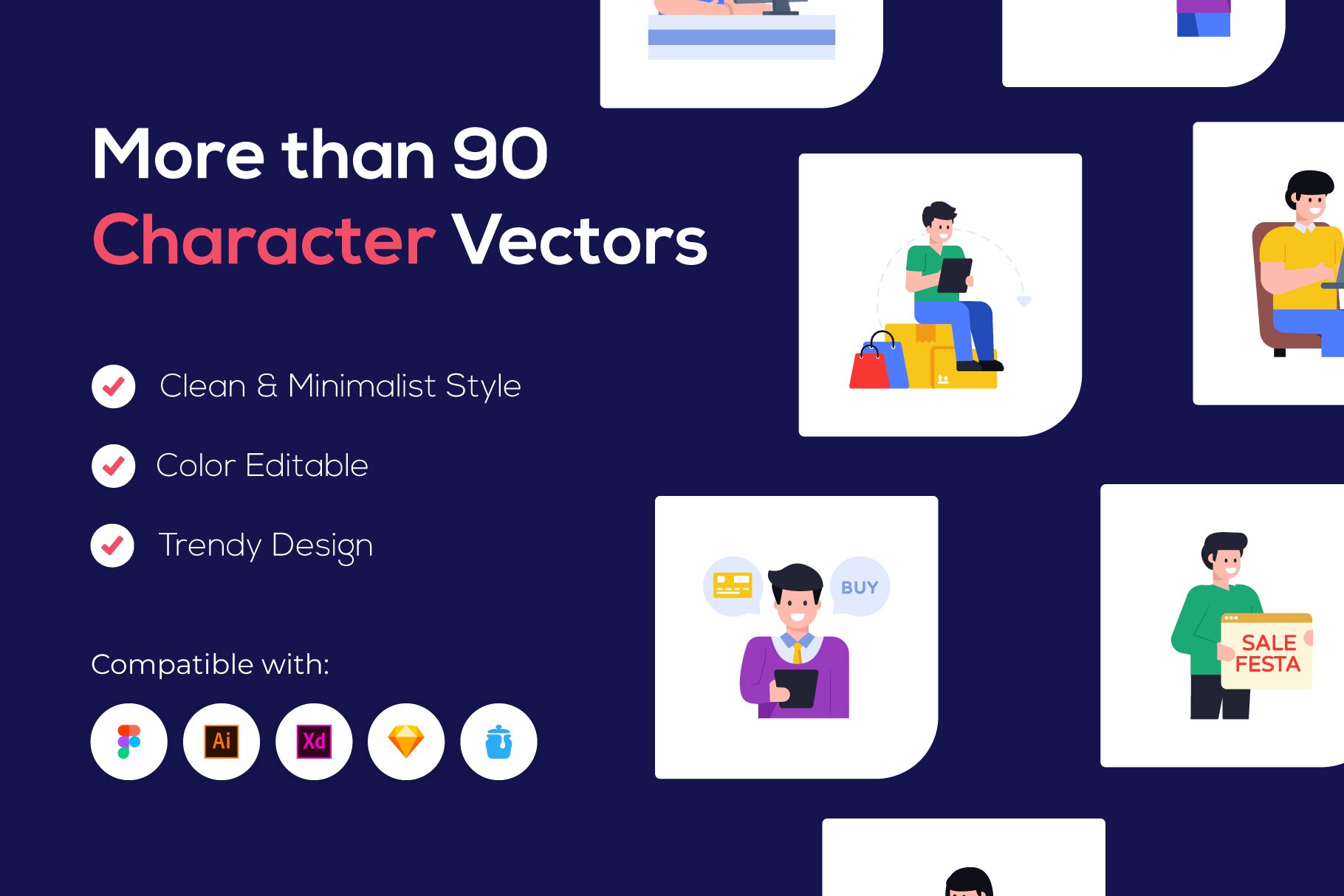 100 Shopping Character Vector Icons preview image.