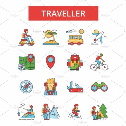 Traveller illustration, thin line icons, linear flat signs, vector symbols,... cover image.