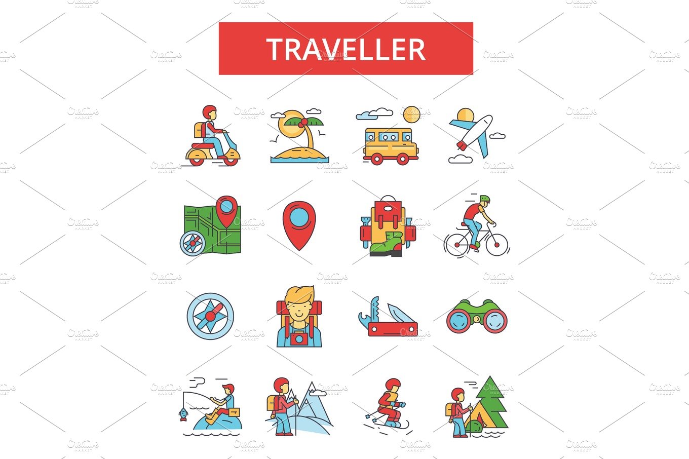 Traveller illustration, thin line icons, linear flat signs, vector symbols,... cover image.