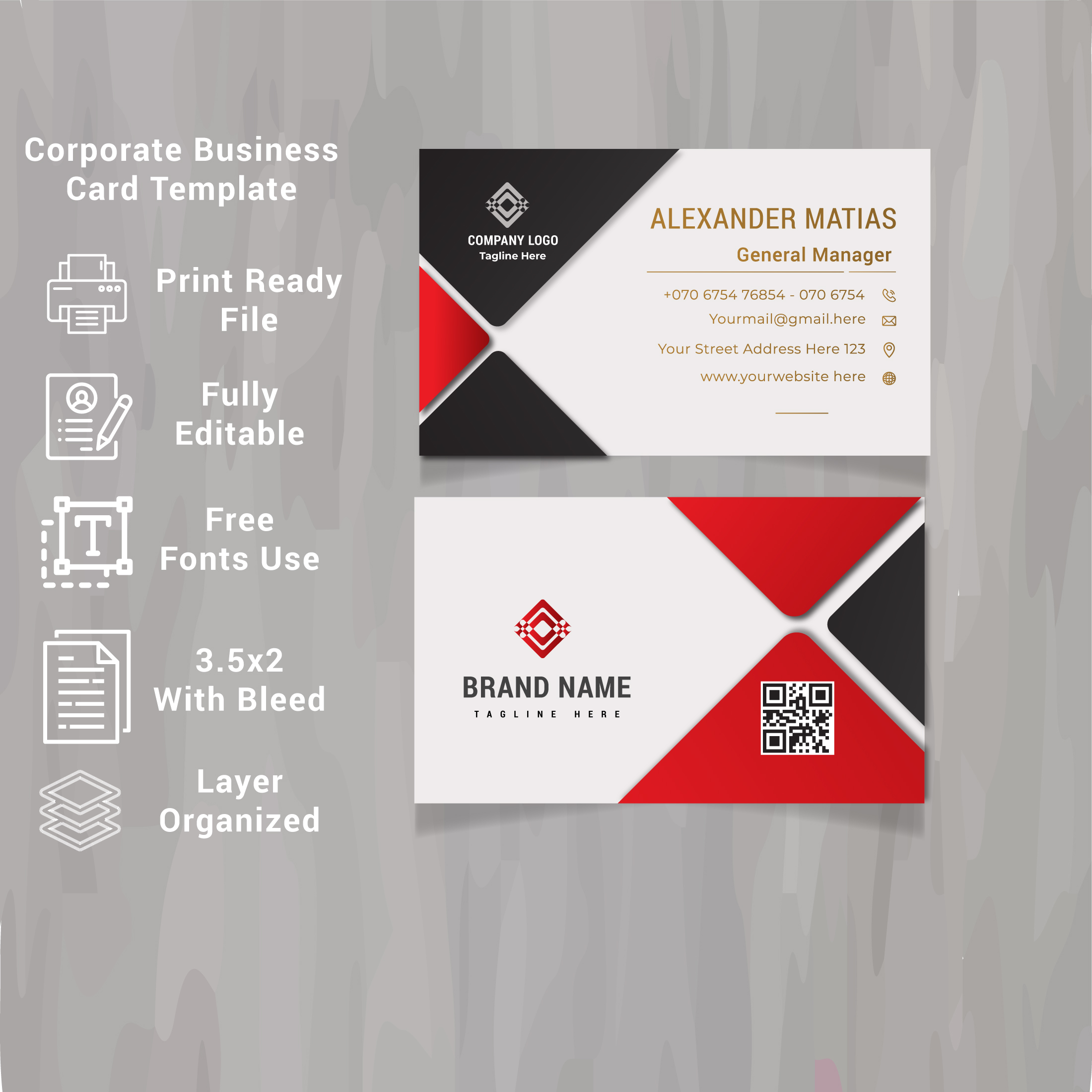 Business card with a red and black design.