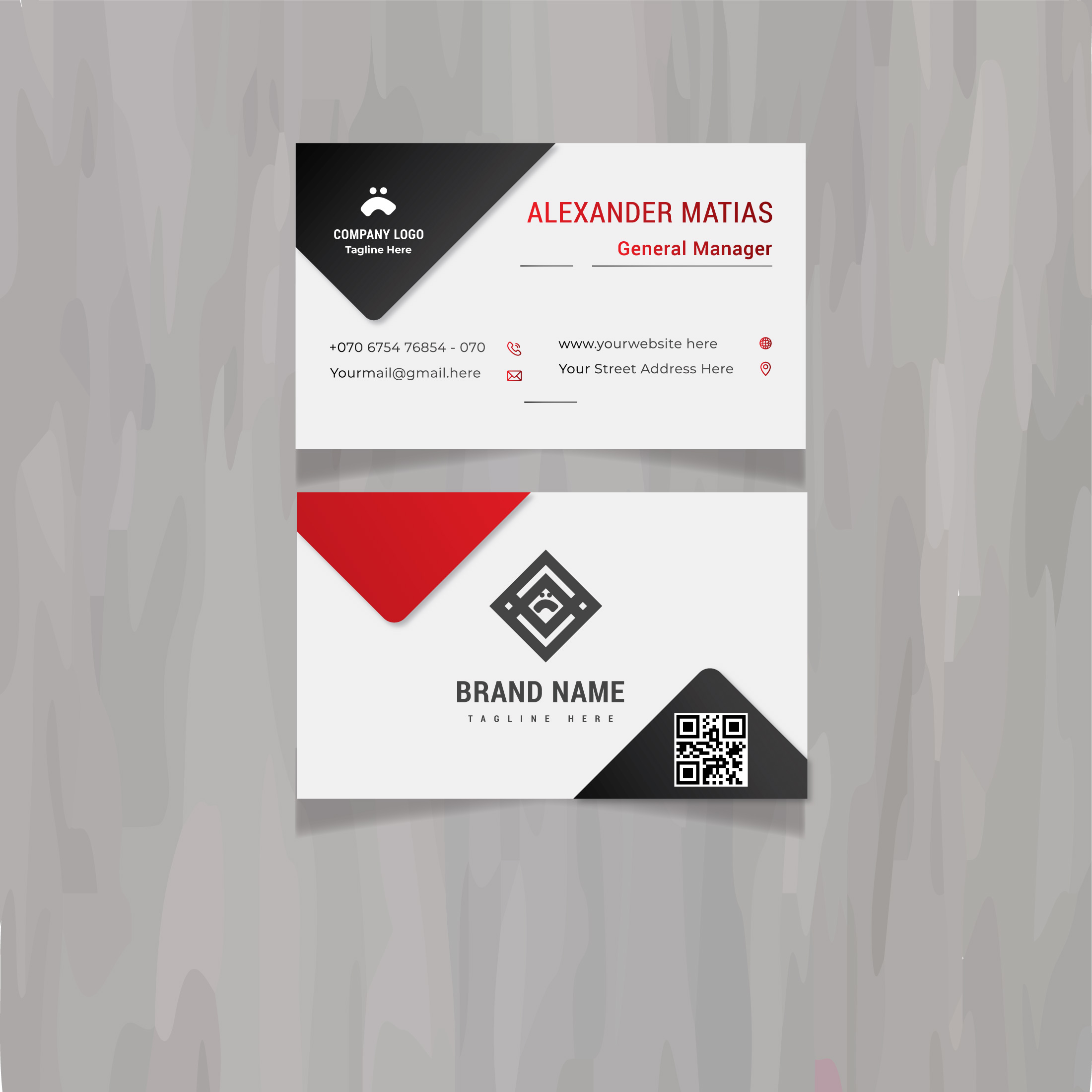 Business card with a black and red design.