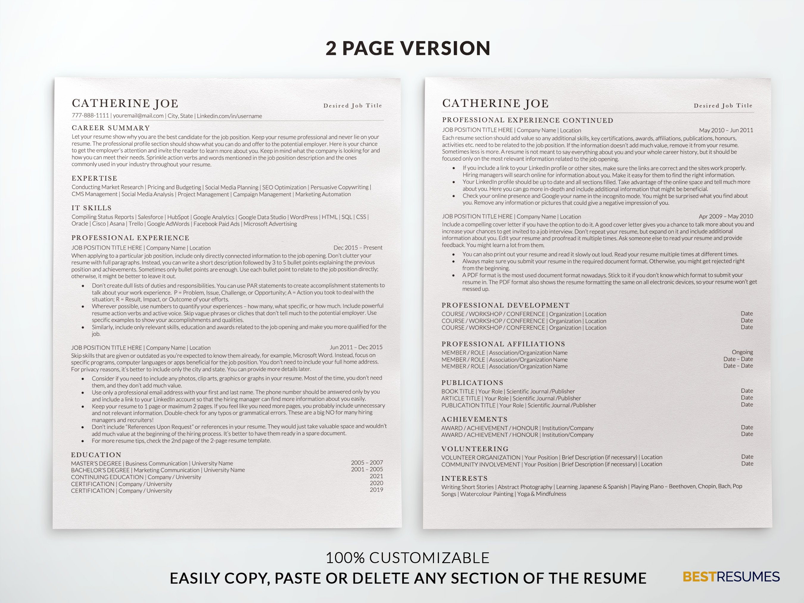 simple resume template two page resume template catherine joe 755