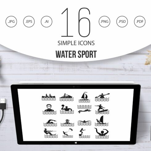 Water sport icons set, simple style cover image.