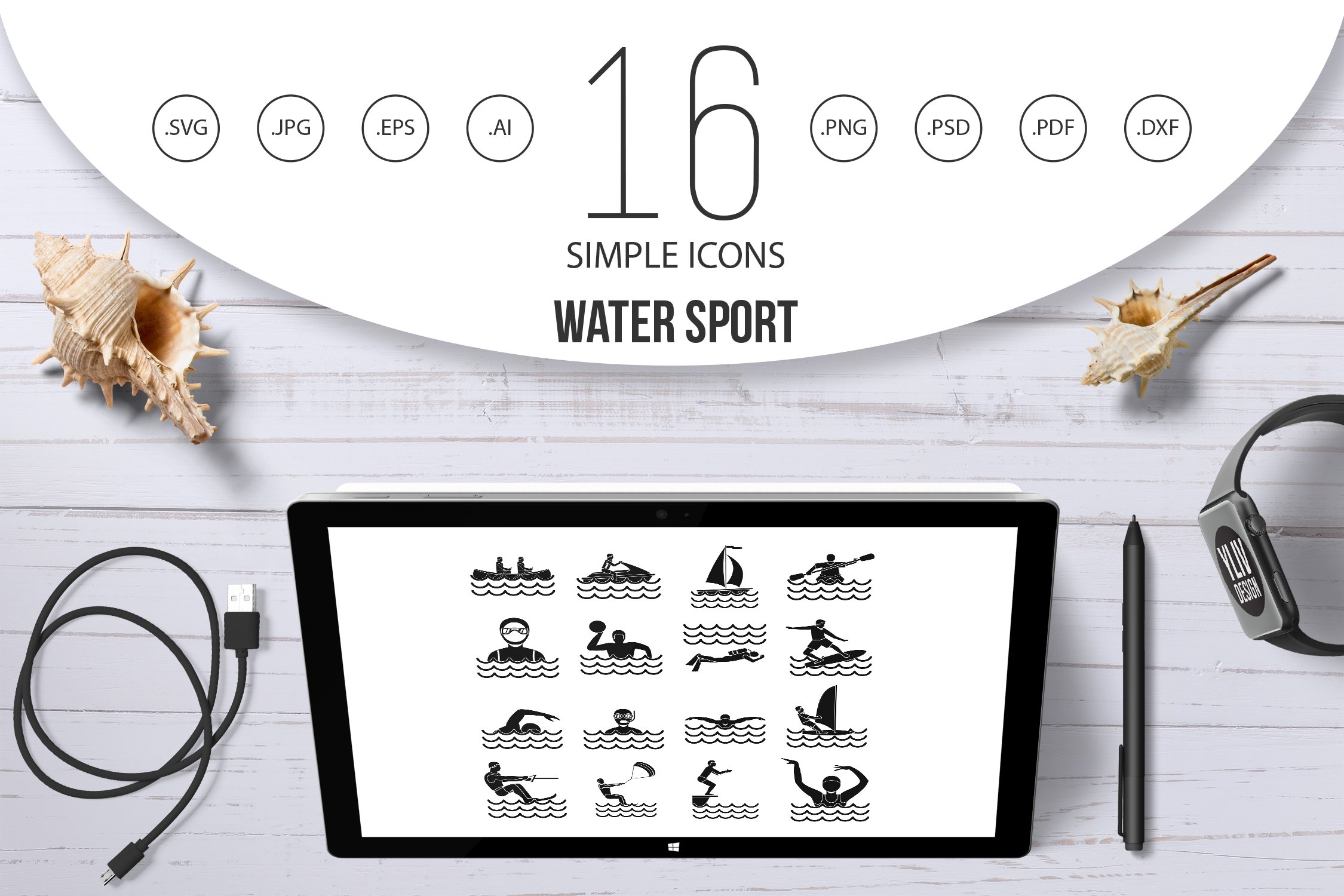 Water sport icons set, simple style cover image.