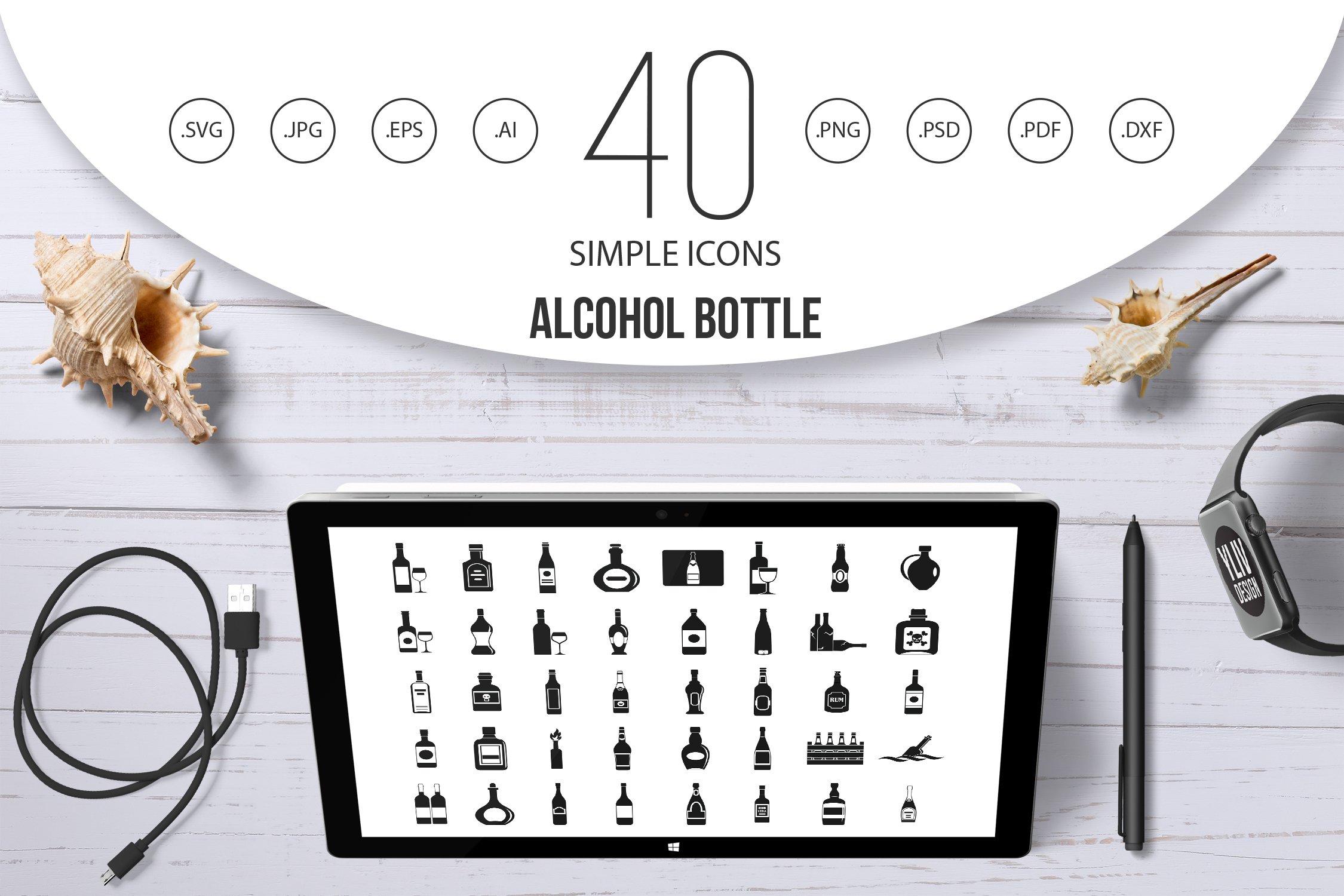 Alcohol bottle icon set, simple cover image.