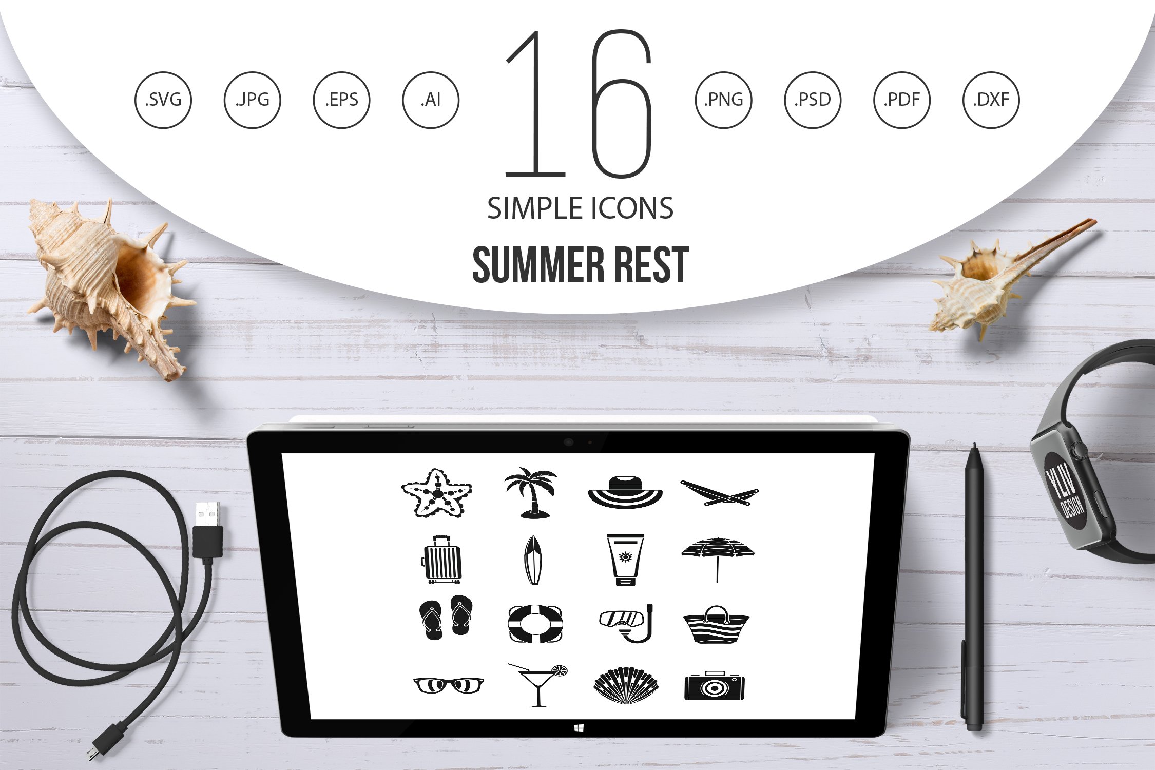 Summer rest icons set, simple style cover image.